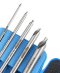 Long Series Center Drill Set HSS M2, 5 Pc 3/64 to 3/16 Inch, 4 Inch Length, in plastic case, for metals, side view
