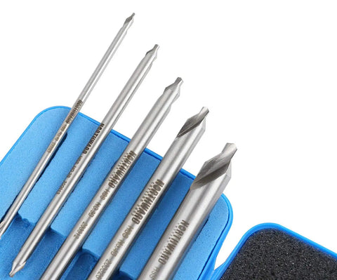 Long Series Center Drill Set HSS M2, 5 Pc 3/64 to 3/16 Inch, 4 Inch Length, in plastic case, for metals, side view