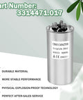 RV Air Conditioner Capacitor 55 15 MFD 370 440V AC Service Kit For Dometic 55 15 MFD Units, silver capacitor with text and symbols