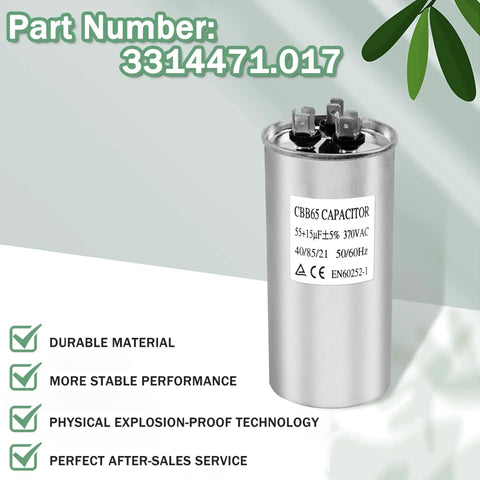 RV Air Conditioner Capacitor 55 15 MFD 370 440V AC Service Kit For Dometic 55 15 MFD Units, silver capacitor with text and symbols