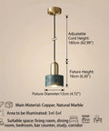 HLRCB Indoor Pendant Light, Marble Adjustable Drop, Modern Suspended Mount with copper hardware and marble shade dimensions.