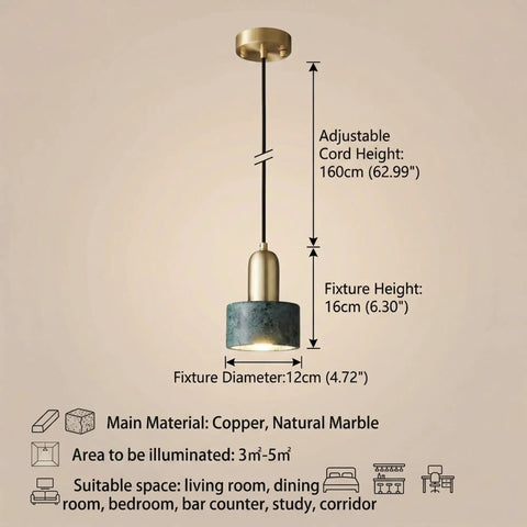 HLRCB Indoor Pendant Light, Marble Adjustable Drop, Modern Suspended Mount with copper hardware and marble shade dimensions.