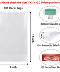 Flat Bottom Cellophane Bags 7x3x12 Inches Clear Treat Bags For Cookies, 100 Pieces, with Twist Ties, no side gusset displayed.