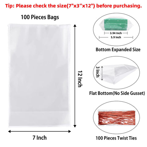 Flat Bottom Cellophane Bags 7x3x12 Inches Clear Treat Bags For Cookies, 100 Pieces, with Twist Ties, no side gusset displayed.