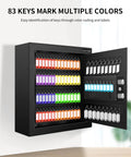 83-key cabinet with color-coded tags, open view, showing key organization. Wall-mounted design for secure key management.