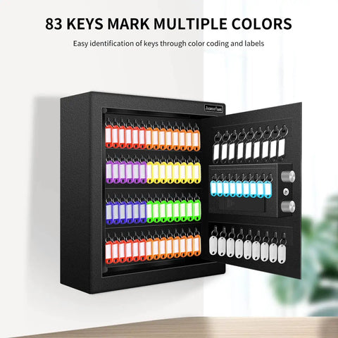 83-key cabinet with color-coded tags, open view, showing key organization. Wall-mounted design for secure key management.