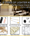 Universal Lighter Repair Kit Stuffed With Top Shelf Flint Stones Fresh Cotton Wicks And Heavy Duty Striker Wheels For Rock Solid Fire Sparks On The Go including felt, springs, flint sticks, wicks, and cottons.
