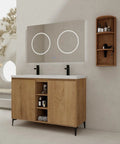 48 Inch Double Sink Bathroom Vanity With Soft Close Cabinet Doors, Dual Resin Sinks, And Modern Oak Finish against a light wall.