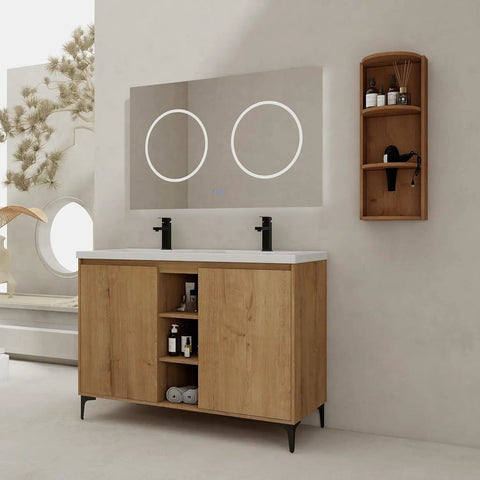 48 Inch Double Sink Bathroom Vanity With Soft Close Cabinet Doors, Dual Resin Sinks, And Modern Oak Finish against a light wall.