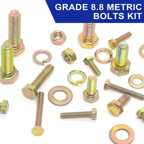 Top Shelf Built Tough Metric Bolt And Nut Assortment 919 Piece Set M4 M5 M6 M8 Yellow Zinc Plated Hex Fasteners, Grade 8.8 bolts and nuts.