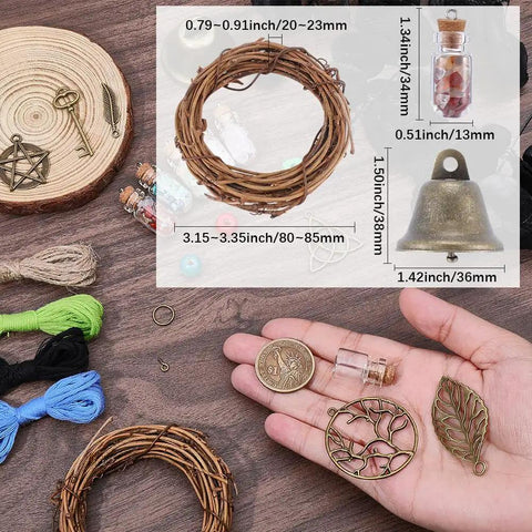 108 Piece DIY Witch Bell Kit For Protection And Home Decor with materials including wreaths, charms, bells, and yarn.