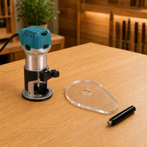 Score Your Shop Upgrade With This Six By Nine Inch Clear Acrylic Router Base Plate Built Straight For Makita Compact Models Featuring Pre Drilled Mounting Holes And Three Eighth Inch Thickness For Rock Solid Precision Woodworking on wooden table with router and handle.
