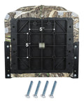 Bottom view of Padded Folding Boat Seat With Backrest For Bass Boats showing 5" plastic frame with screws, camo color.