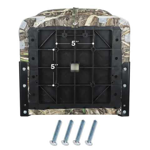Bottom view of Padded Folding Boat Seat With Backrest For Bass Boats showing 5" plastic frame with screws, camo color.