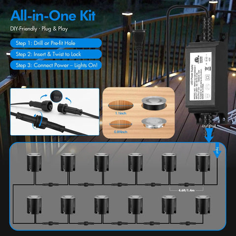 16 Pack LED Recessed Deck Lights With Protective Shell IP68 Waterproof Warm White 0.6W All In One Outdoor Landscape Lighting Kit 12V Low Voltage installation guide.