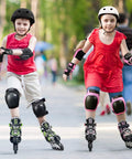 Kids wearing helmets and knee pads skating with Adjustable Inline Skates For Kids And Teens With Light Up Wheels, 3 Sizes S M L.