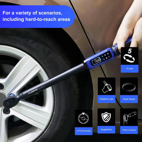 Digital Torque Wrench Half Inch Drive 3.8 to 250.8 Ft-Lb 5 to 340 Nm Garage-Ready Electronic Torque Tool shown in use on car wheel