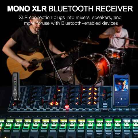Musician setup with Bluetooth XLR Receiver For Audio Mixers PA Systems And DJ Setups connected to audio mixer.