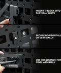 Close-up of 2 Pack Tactical Gun Rack For MOLLE Panels Automotive Rifle Holder assembly instructions with slots and hex wrench.