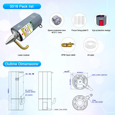 Image showing components and dimensions of the Upgrade Your 3018 CNC Engraving With A 10W Laser Module With Air Assist Built-In FAC Double Ultra-Fine Spot Head 12V Class 4 Power For 3018 And 3018 Pro Machines packaging, including laser module, lens, cable, and pipe.
