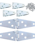 Set Of 6 Heavy Duty 4 Inch Silver T Strap Hinges For Barn Gates And Exterior Doors Premium Steel Build With Mounting Screws, displayed with screws.