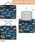 Cartoon Airplane Print Travel Toiletry Bag For Women And Men Large Cosmetic Makeup Organizer Hanging Travel Case With Multiple Pockets For Shampoo Razors Brushes And Essentials Ideal Vacation Kit shown in open and closed views with dimensions
