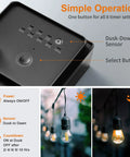 Outdoor Dusk To Dawn Stake Timer Power Hub With Six Outlets showing control panel and light mode demonstration