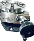Close-up of 3 Inch Tilting Rotary Table with 70mm 4 Jaw Independent Dog Chuck and M6 Clamp Kit for milling and metalworking gear.