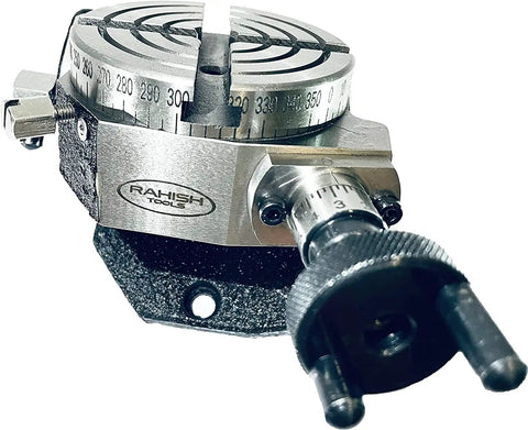 Close-up of 3 Inch Tilting Rotary Table with 70mm 4 Jaw Independent Dog Chuck and M6 Clamp Kit for milling and metalworking gear.