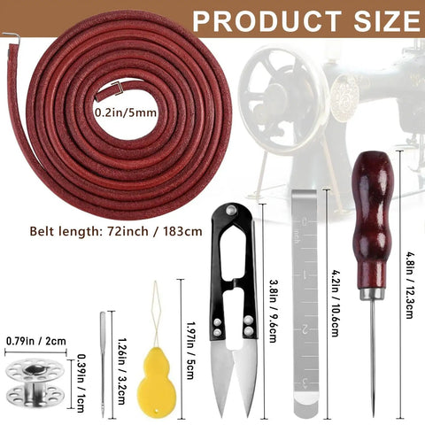 Two Treadle Sewing Machine Belts With 30 Piece Accessories Kit For DIYers And Crafters Including Bobbins Needles Threaders Hemming Clips Awl Scissors And More. size chart