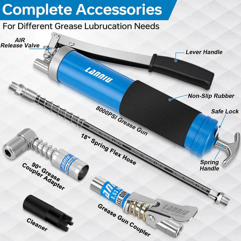 Heavy Duty 8000 PSI Lever Grease Gun Kit with hose, coupler, 90 degree adapter, and cleaner