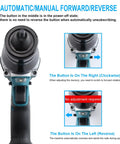 No Strings Attached Cordless Rivet Gun Set With 5.2 Ah Rechargeable Battery And Quick Charger close-up showing forward/reverse button details.