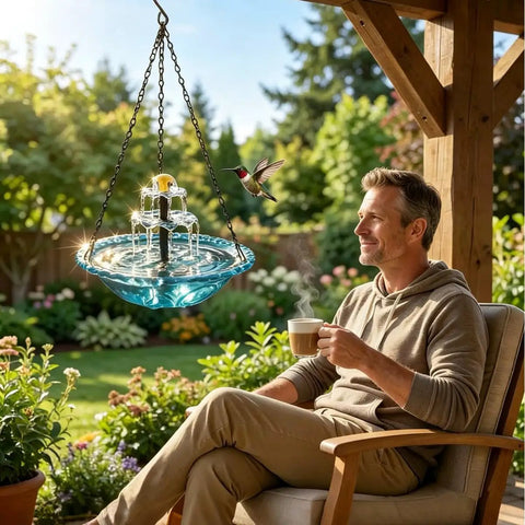 Solar Powered Cascade Hanging Bird Bath Fountain With No Battery Needed Water Pump Dispenser for outdoors in garden setting.
