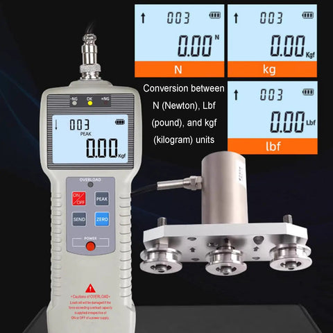 Portable Digital Force Gauge With Split Pulley Sensor For Rope Tension Testing, Wire And Belt Tension Meter, Auto Backlit LCD, Rechargeable, Three Unit Modes N Lb Kg, Resolution 0.001 Kg And 0.01 N, Range 50N To 2000N with split pulley sensor and unit display