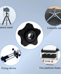 Black plastic five-star knob with 5/16-18 thread, surrounded by images of its applications in camera, umbrella stands, devices, and frames.