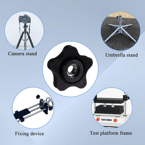 Black plastic five-star knob with 5/16-18 thread, surrounded by images of its applications in camera, umbrella stands, devices, and frames.