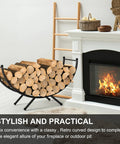 Beefy Heavy Duty Curved Firewood Rack 33 Inch Steel Log Holder for Indoor and Outdoor Fireplaces next to a lit fireplace
