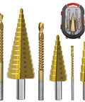 Six Piece Step Drill Bit Kit With Cool Triangle Handles For Metal And Wood, Heavy Duty HSS Hole Cutter Tool For Electric Drills And Bench Tools That Works Like A Champ. Six HSS step bits in a case, sizes marked 4-32 mm