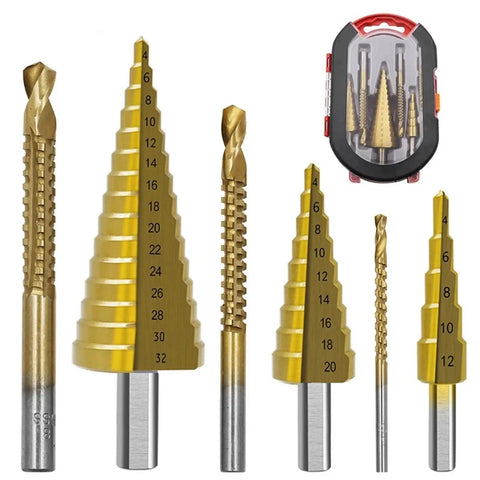 Six Piece Step Drill Bit Kit With Cool Triangle Handles For Metal And Wood, Heavy Duty HSS Hole Cutter Tool For Electric Drills And Bench Tools That Works Like A Champ. Six HSS step bits in a case, sizes marked 4-32 mm