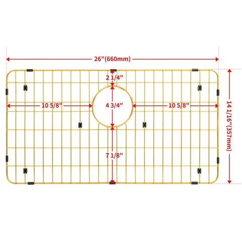 Heavy Duty 26 Inch By 14 Inch Stainless Steel Kitchen Sink Grid Protector With Rear Drain Golden Finish, dimensions shown
