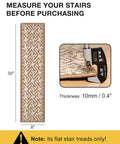 Measurement guide for selecting stair treads with dimensions 30 inches by 8 inches and thickness of 10mm shown with a digital caliper.