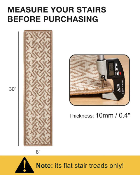 Measurement guide for selecting stair treads with dimensions 30 inches by 8 inches and thickness of 10mm shown with a digital caliper.