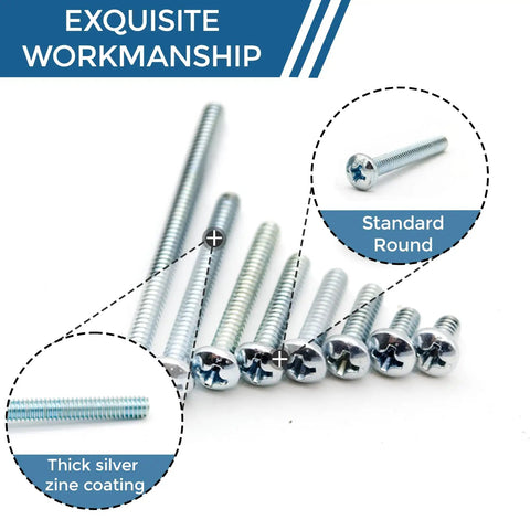 160 Piece Screw And Nut Kit For DIYers Eight Sizes From One Quarter To Two Inches Includes Zinc Plated Carbon Steel Phillips Pan Head Screws And Eighty Matching Hex Nuts For Cabinets Electrical And General Repairs, zinc-plated screws close-up