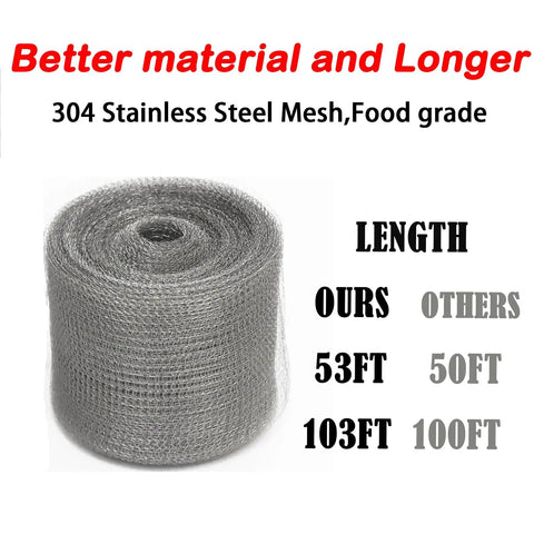 304 Stainless Steel Wire Mesh Roll For Rodent Control, food grade, shown with length comparison, 5 inch x 30 foot roll.