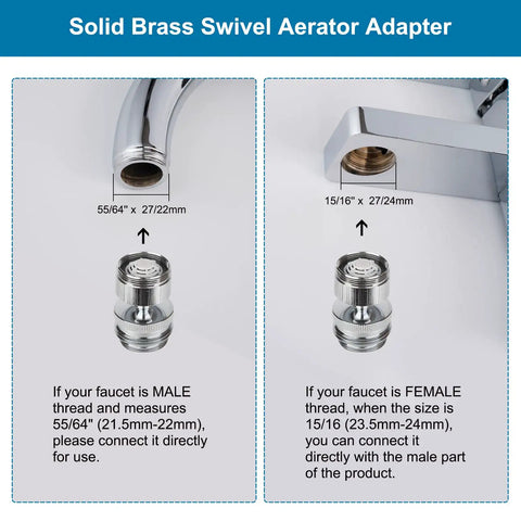 Swivel Aerator Faucet Adapter Kit For Garden Hose Connect Kitchen Sink To Hose With 3/4 Inch Standard Male Thread Multi-Thread Chrome Finish No-Fuss Leak-Free Setup For Any Garden Hose, solid brass chrome adapter with male and female thread sizes