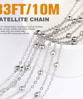 33ft 2mm Stainless Steel Satellite Bead Chain Roll Bulk For Jewelry Making, 304 Stainless Steel Nickel Free And Lead Free Cable Chain With 4mm Beads, Ideal For Necklaces, Bracelets, And Artisan Jewelry Projects. 33ft/10m satellite chain