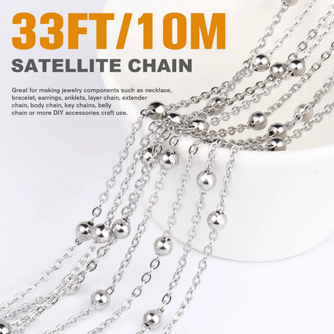 33ft 2mm Stainless Steel Satellite Bead Chain Roll Bulk For Jewelry Making, 304 Stainless Steel Nickel Free And Lead Free Cable Chain With 4mm Beads, Ideal For Necklaces, Bracelets, And Artisan Jewelry Projects. 33ft/10m satellite chain