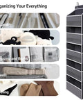 Seven Tier Over Door Hanging Storage Rack With Plentiful Mesh Side Pockets For Closets And Baths Heavy Duty showing organized items like toys and clothing.