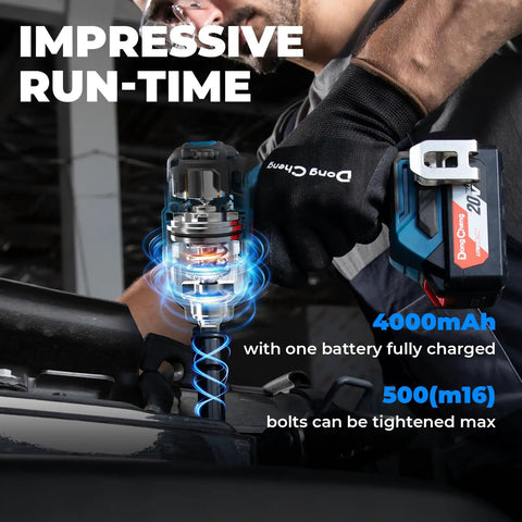 Hardcore Garage Ready 20v Brushless Impact Wrench Delivers 503 Ft Lbs showing detailed motor and battery specifications.
