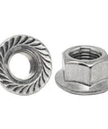 Built Different M14 1.5 Metric Flange Nuts Rock Solid Anti Vibration Locking Hardware Heavy Duty 304 Stainless Steel Fine Pitch Serrated Base Self Gripping Fasteners Shop Ready Auto Hardware 4 Pack Tools showing two nuts with serrated base.